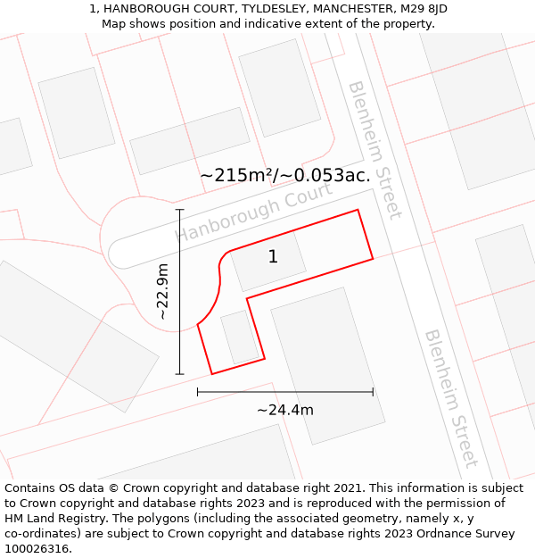 1, HANBOROUGH COURT, TYLDESLEY, MANCHESTER, M29 8JD: Plot and title map