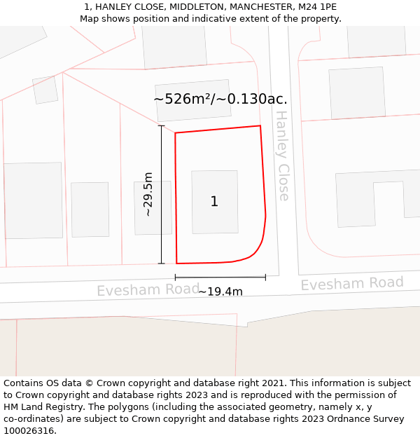 1, HANLEY CLOSE, MIDDLETON, MANCHESTER, M24 1PE: Plot and title map
