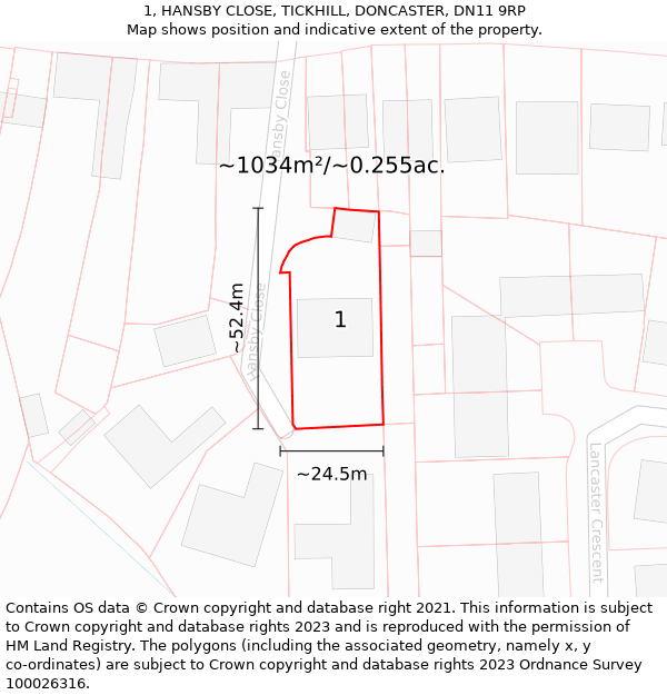 1, HANSBY CLOSE, TICKHILL, DONCASTER, DN11 9RP: Plot and title map