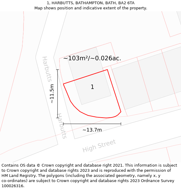 1, HARBUTTS, BATHAMPTON, BATH, BA2 6TA: Plot and title map