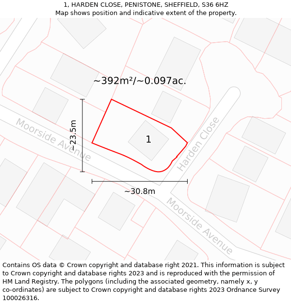 1, HARDEN CLOSE, PENISTONE, SHEFFIELD, S36 6HZ: Plot and title map