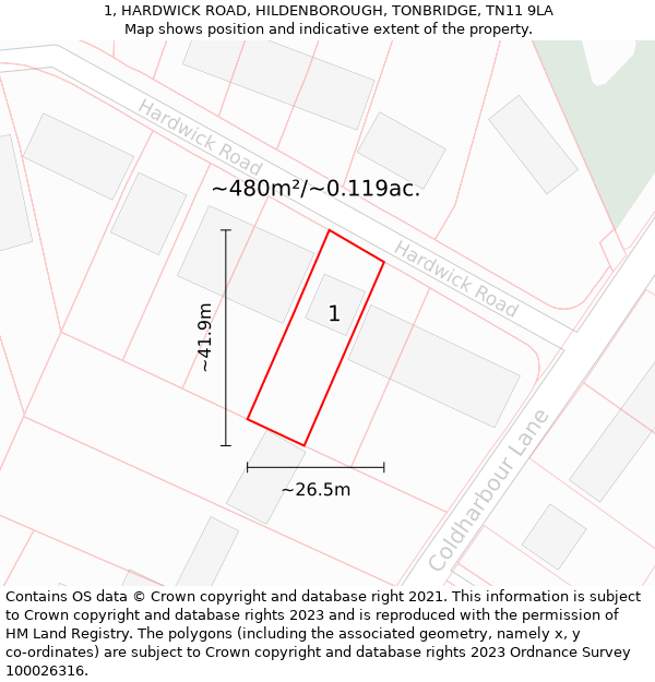 1, HARDWICK ROAD, HILDENBOROUGH, TONBRIDGE, TN11 9LA: Plot and title map