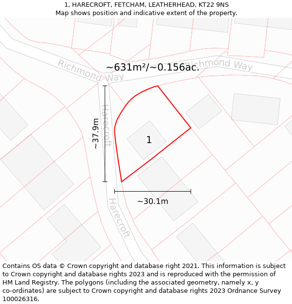 1, HARECROFT, FETCHAM, LEATHERHEAD, KT22 9NS: Plot and title map