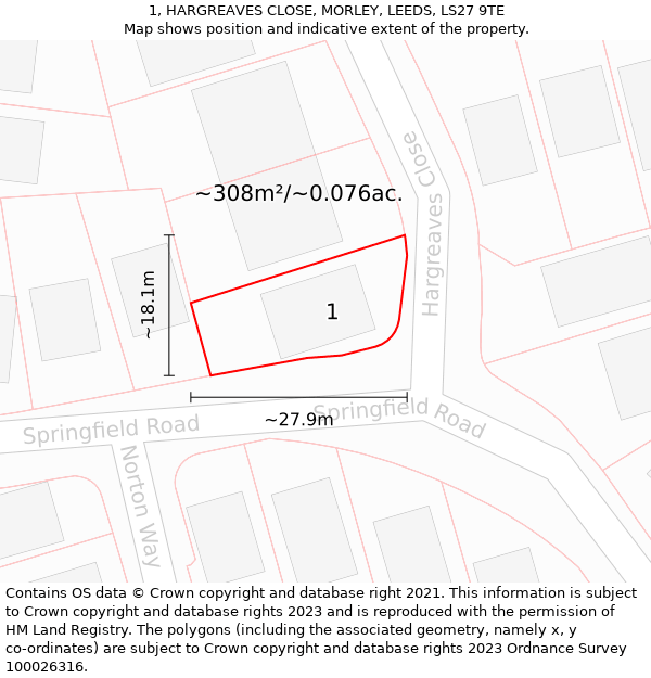 1, HARGREAVES CLOSE, MORLEY, LEEDS, LS27 9TE: Plot and title map