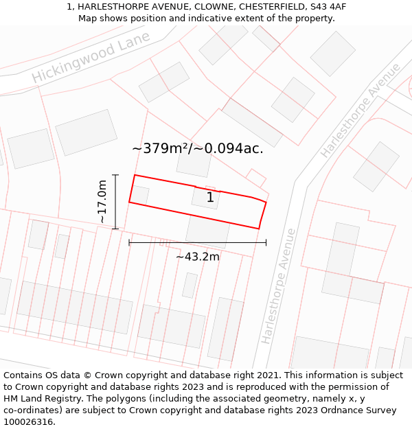 1, HARLESTHORPE AVENUE, CLOWNE, CHESTERFIELD, S43 4AF: Plot and title map