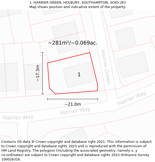 1, HARRIER GREEN, HOLBURY, SOUTHAMPTON, SO45 2EY: Plot and title map