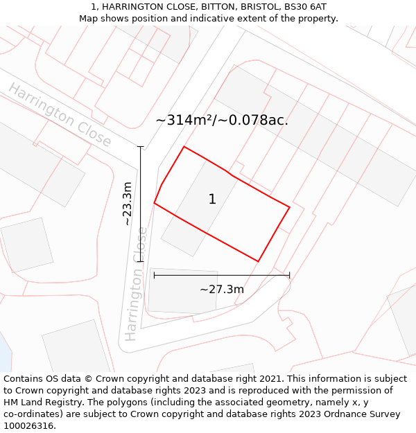 1, HARRINGTON CLOSE, BITTON, BRISTOL, BS30 6AT: Plot and title map