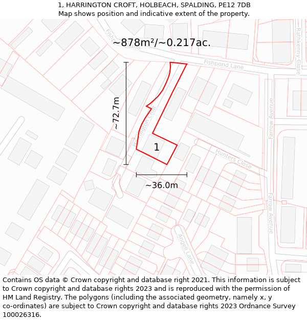 1, HARRINGTON CROFT, HOLBEACH, SPALDING, PE12 7DB: Plot and title map