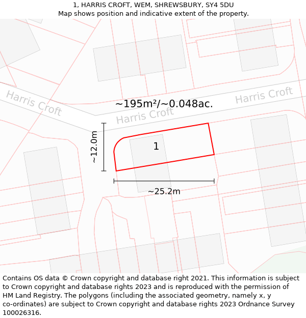 1, HARRIS CROFT, WEM, SHREWSBURY, SY4 5DU: Plot and title map