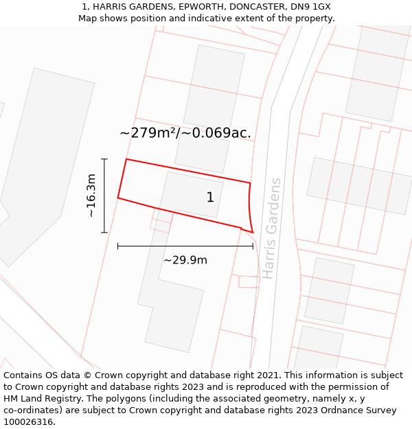 1, HARRIS GARDENS, EPWORTH, DONCASTER, DN9 1GX: Plot and title map