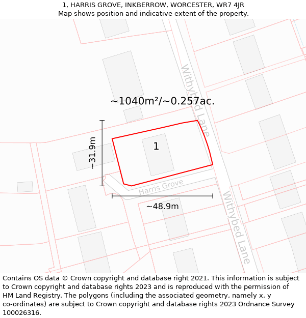 1, HARRIS GROVE, INKBERROW, WORCESTER, WR7 4JR: Plot and title map