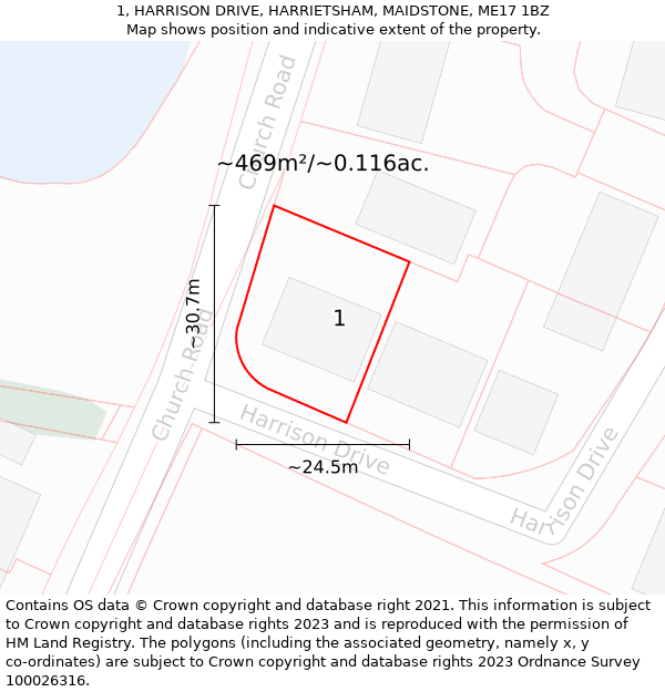 1, HARRISON DRIVE, HARRIETSHAM, MAIDSTONE, ME17 1BZ: Plot and title map