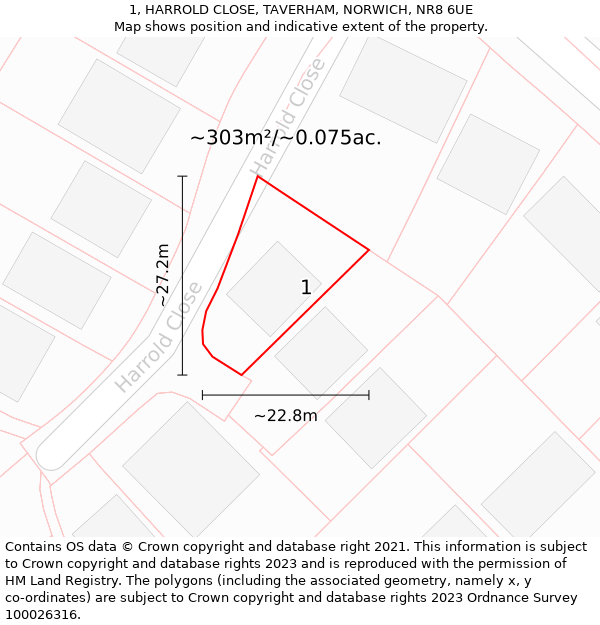 1, HARROLD CLOSE, TAVERHAM, NORWICH, NR8 6UE: Plot and title map