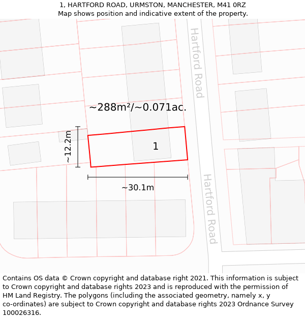 1, HARTFORD ROAD, URMSTON, MANCHESTER, M41 0RZ: Plot and title map