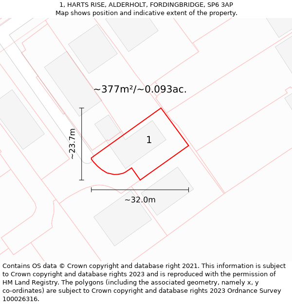 1, HARTS RISE, ALDERHOLT, FORDINGBRIDGE, SP6 3AP: Plot and title map