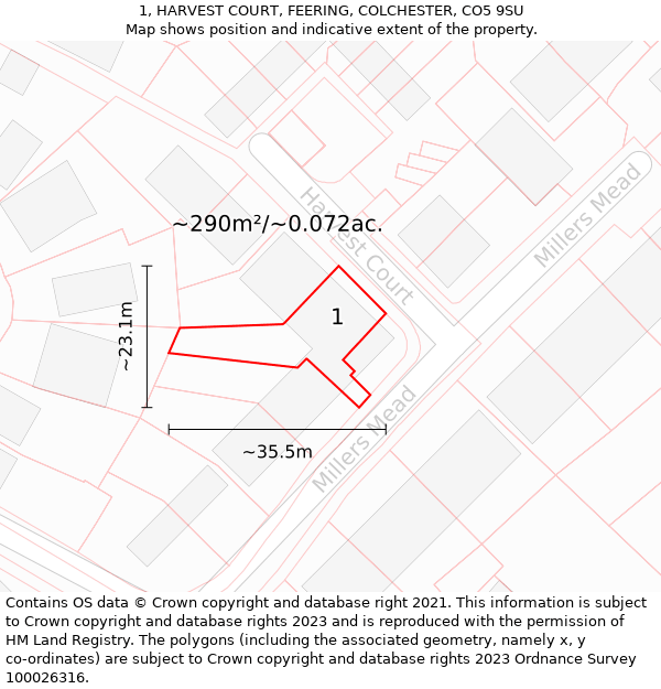 1, HARVEST COURT, FEERING, COLCHESTER, CO5 9SU: Plot and title map