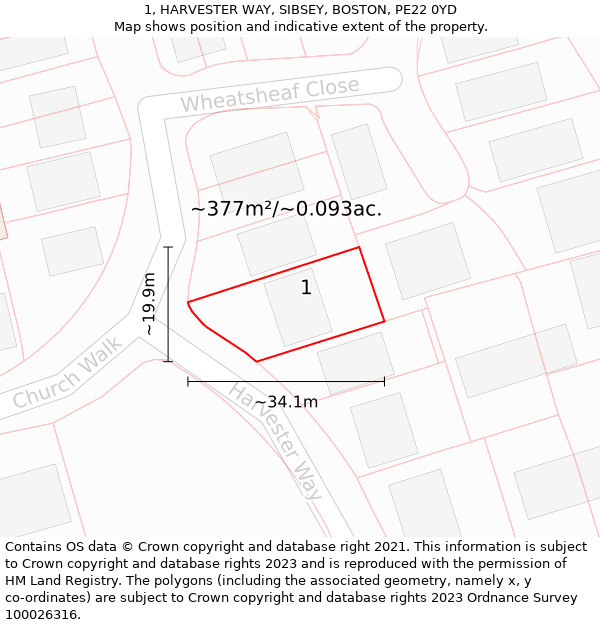 1, HARVESTER WAY, SIBSEY, BOSTON, PE22 0YD: Plot and title map