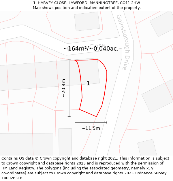 1, HARVEY CLOSE, LAWFORD, MANNINGTREE, CO11 2HW: Plot and title map