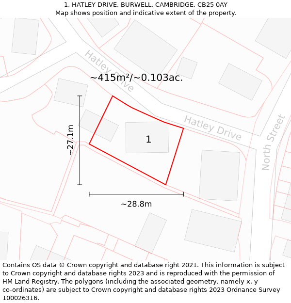 1, HATLEY DRIVE, BURWELL, CAMBRIDGE, CB25 0AY: Plot and title map