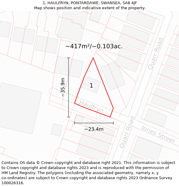 1, HAULFRYN, PONTARDAWE, SWANSEA, SA8 4JF: Plot and title map