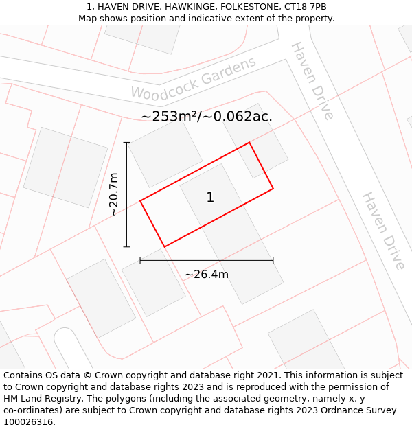 1, HAVEN DRIVE, HAWKINGE, FOLKESTONE, CT18 7PB: Plot and title map