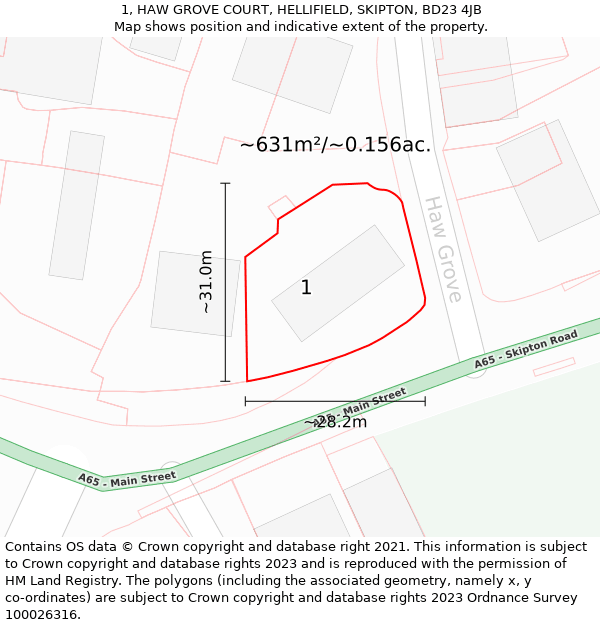 1, HAW GROVE COURT, HELLIFIELD, SKIPTON, BD23 4JB: Plot and title map