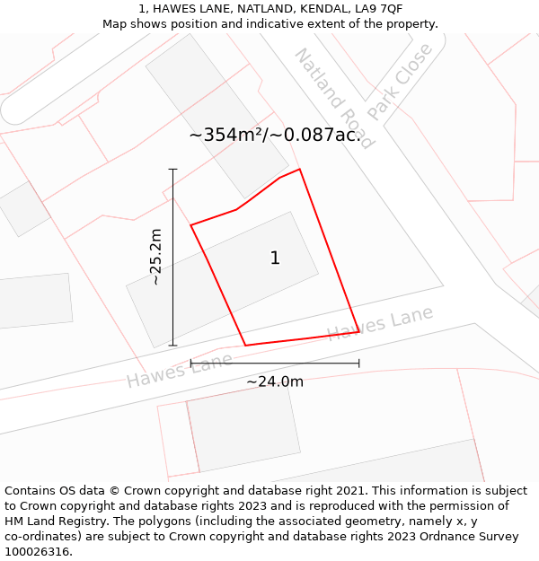 1, HAWES LANE, NATLAND, KENDAL, LA9 7QF: Plot and title map