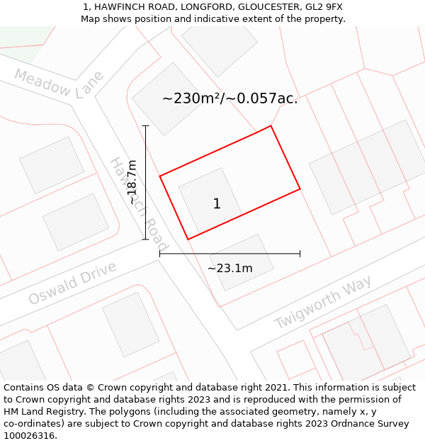 1, HAWFINCH ROAD, LONGFORD, GLOUCESTER, GL2 9FX: Plot and title map