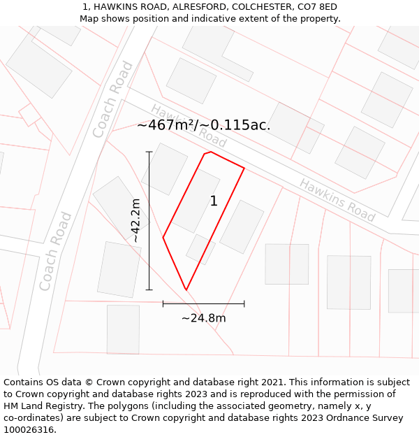 1, HAWKINS ROAD, ALRESFORD, COLCHESTER, CO7 8ED: Plot and title map