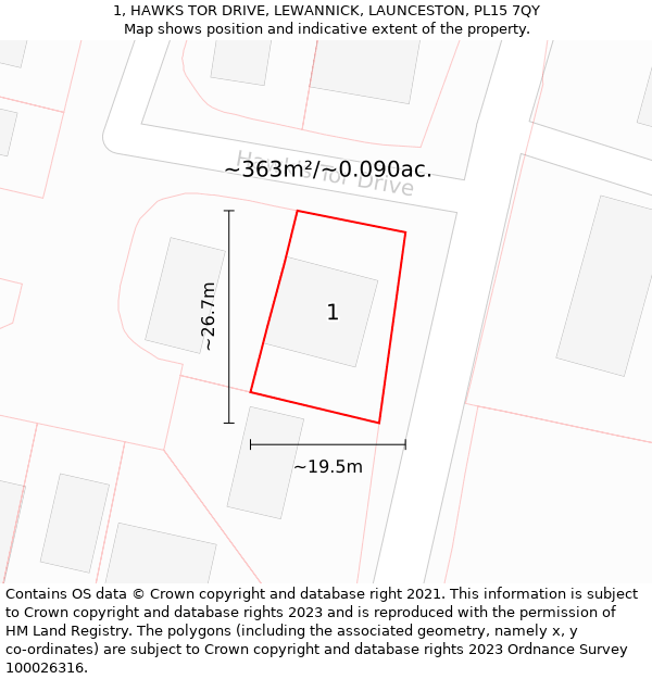 1, HAWKS TOR DRIVE, LEWANNICK, LAUNCESTON, PL15 7QY: Plot and title map