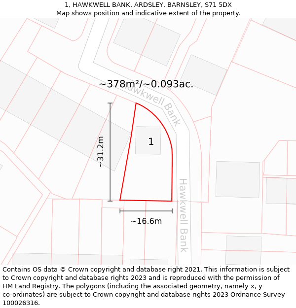 1, HAWKWELL BANK, ARDSLEY, BARNSLEY, S71 5DX: Plot and title map