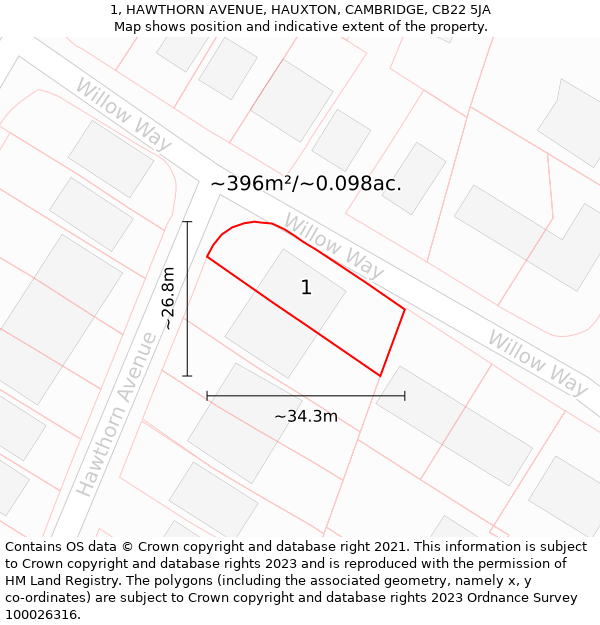 1, HAWTHORN AVENUE, HAUXTON, CAMBRIDGE, CB22 5JA: Plot and title map