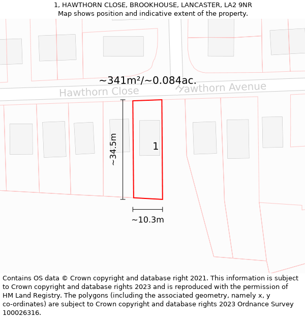 1, HAWTHORN CLOSE, BROOKHOUSE, LANCASTER, LA2 9NR: Plot and title map