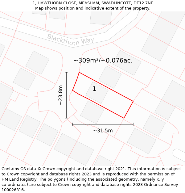 1, HAWTHORN CLOSE, MEASHAM, SWADLINCOTE, DE12 7NF: Plot and title map