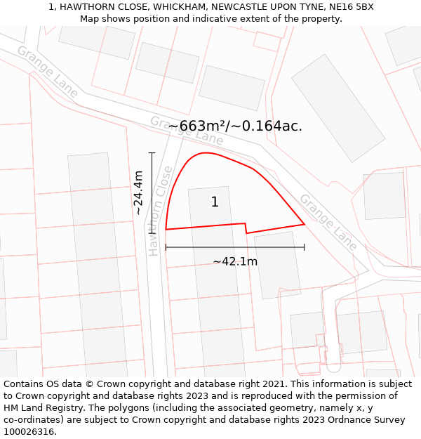 1, HAWTHORN CLOSE, WHICKHAM, NEWCASTLE UPON TYNE, NE16 5BX: Plot and title map