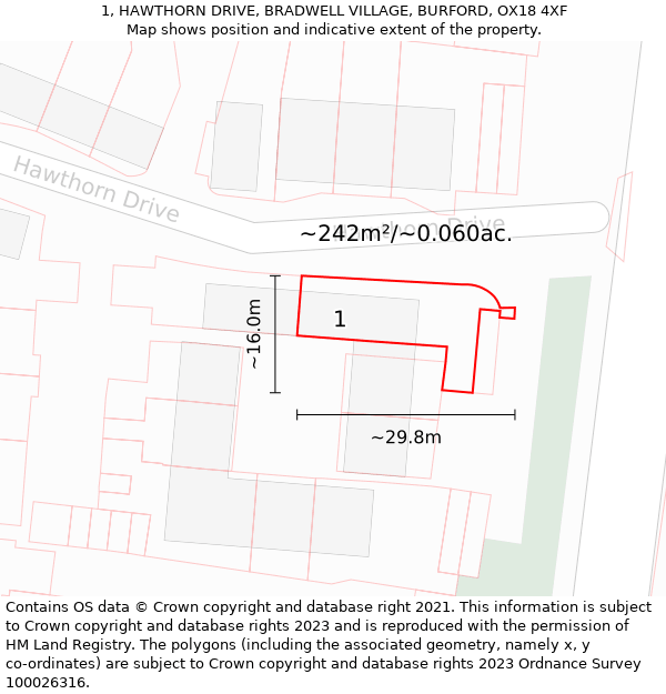 1, HAWTHORN DRIVE, BRADWELL VILLAGE, BURFORD, OX18 4XF: Plot and title map