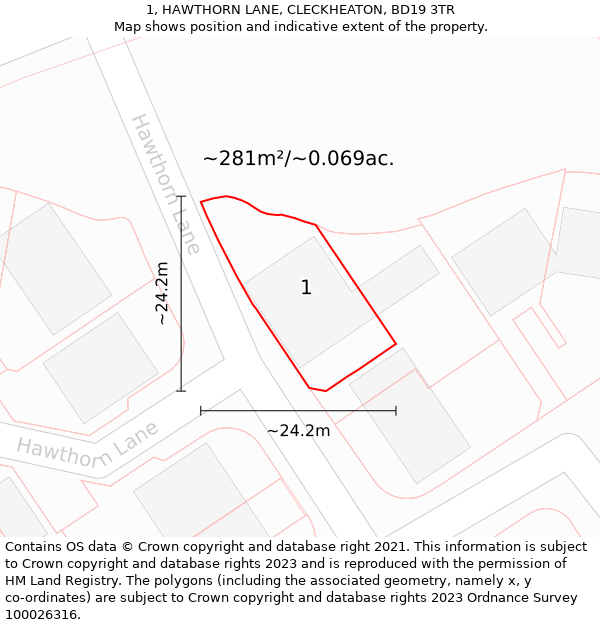 1, HAWTHORN LANE, CLECKHEATON, BD19 3TR: Plot and title map