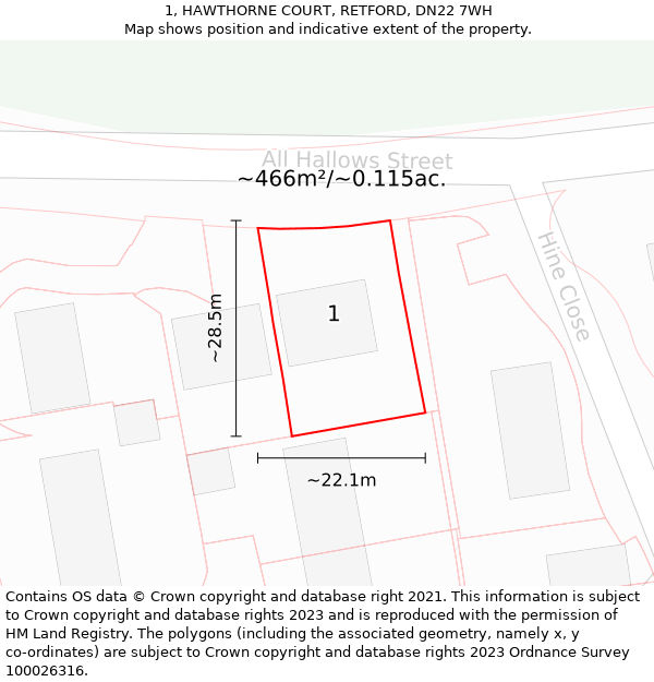 1, HAWTHORNE COURT, RETFORD, DN22 7WH: Plot and title map