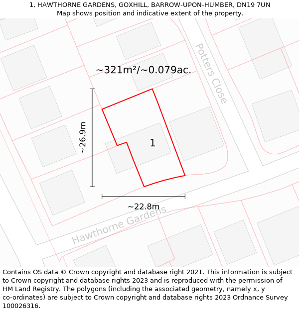 1, HAWTHORNE GARDENS, GOXHILL, BARROW-UPON-HUMBER, DN19 7UN: Plot and title map