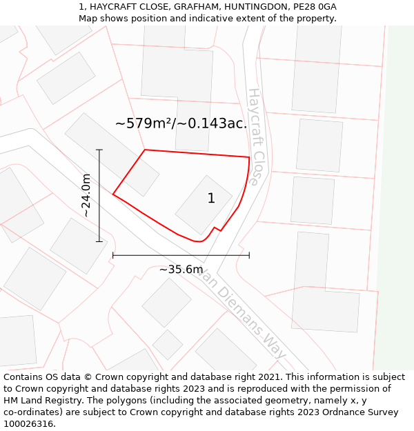 1, HAYCRAFT CLOSE, GRAFHAM, HUNTINGDON, PE28 0GA: Plot and title map