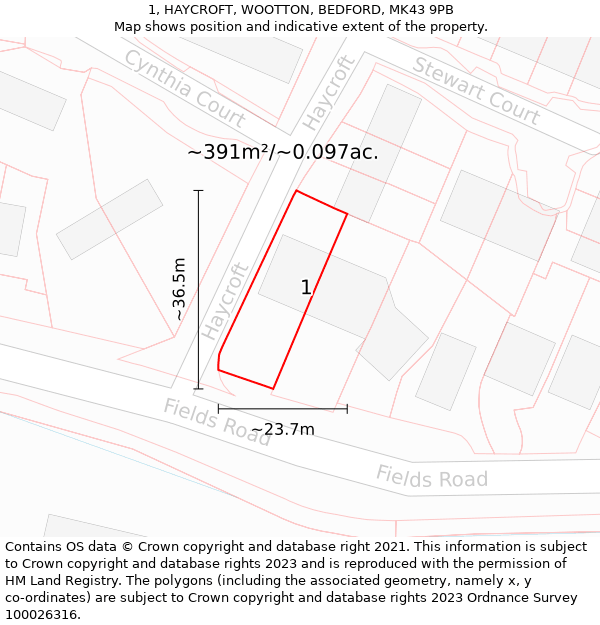 1, HAYCROFT, WOOTTON, BEDFORD, MK43 9PB: Plot and title map