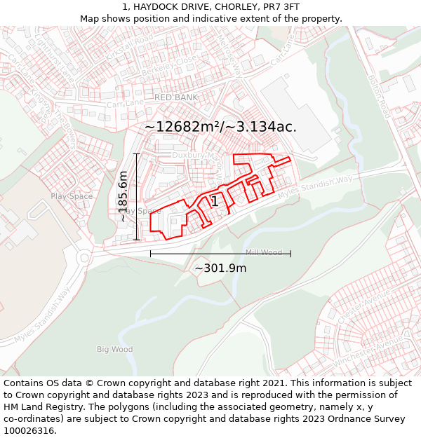 1, HAYDOCK DRIVE, CHORLEY, PR7 3FT: Plot and title map