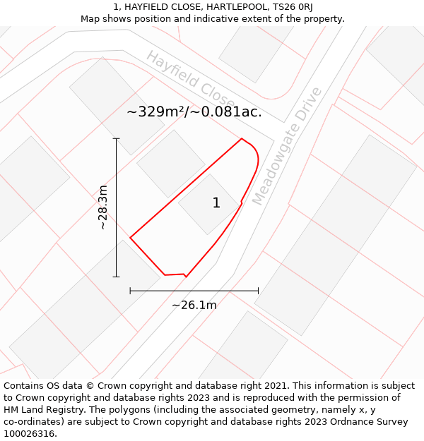 1, HAYFIELD CLOSE, HARTLEPOOL, TS26 0RJ: Plot and title map