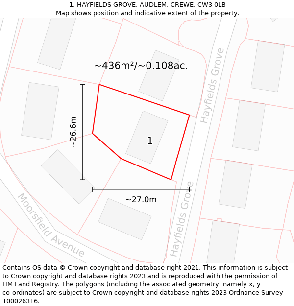 1, HAYFIELDS GROVE, AUDLEM, CREWE, CW3 0LB: Plot and title map