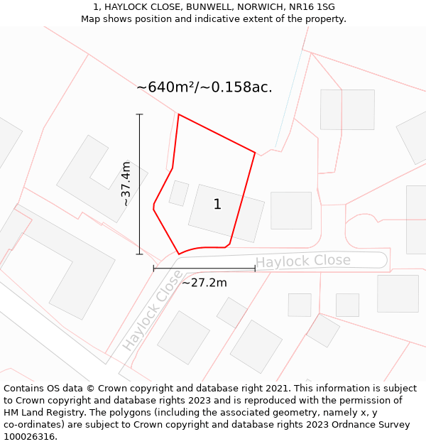 1, HAYLOCK CLOSE, BUNWELL, NORWICH, NR16 1SG: Plot and title map