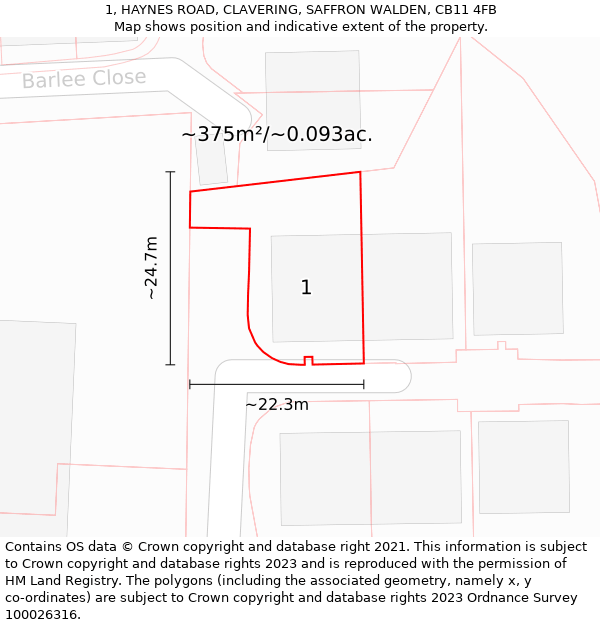 1, HAYNES ROAD, CLAVERING, SAFFRON WALDEN, CB11 4FB: Plot and title map