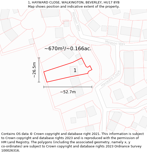 1, HAYWARD CLOSE, WALKINGTON, BEVERLEY, HU17 8YB: Plot and title map