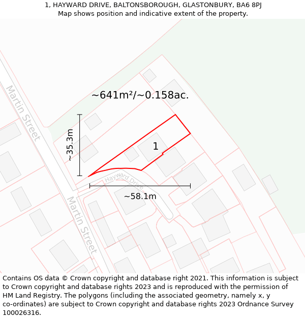 1, HAYWARD DRIVE, BALTONSBOROUGH, GLASTONBURY, BA6 8PJ: Plot and title map