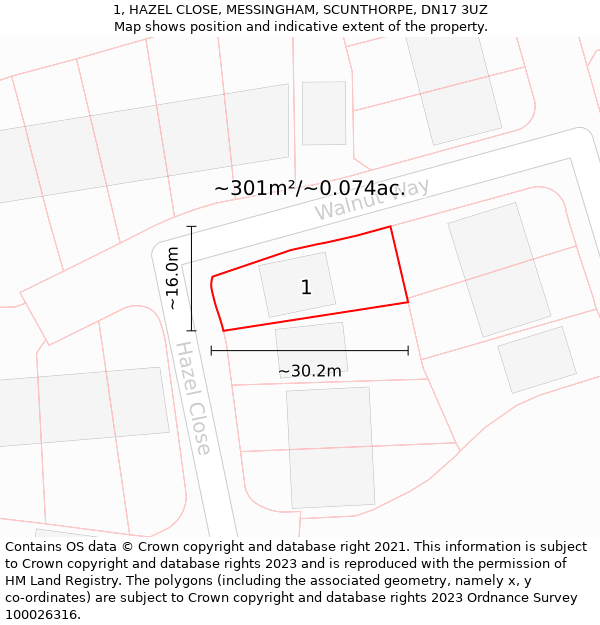 1, HAZEL CLOSE, MESSINGHAM, SCUNTHORPE, DN17 3UZ: Plot and title map