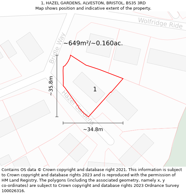 1, HAZEL GARDENS, ALVESTON, BRISTOL, BS35 3RD: Plot and title map